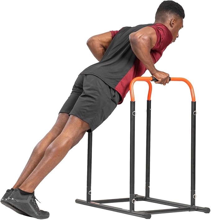 Sunny Health & Fitness Power Tower, Dip Bar, Push-Up & Pull Up Assisting Parallette Station w Optional Rock Climbing Grip Trainer