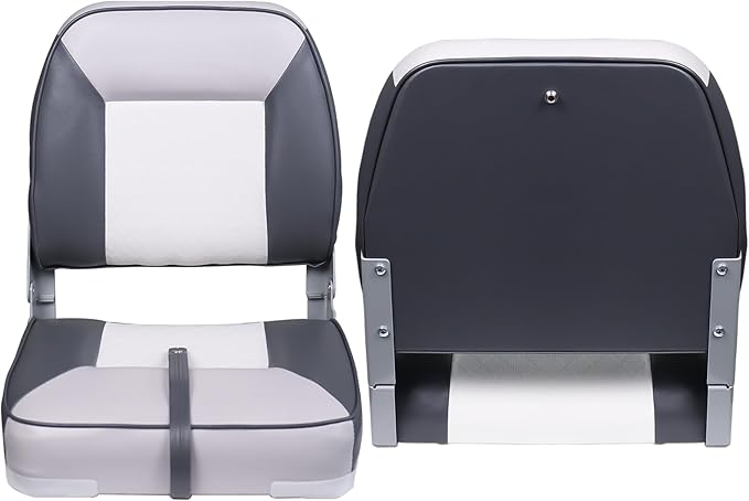 Folding Boat Seat Low Back Boat Chair Marine Bass Jon Fishing Boat Seats 2 Pack, White/Gray/Charcoal