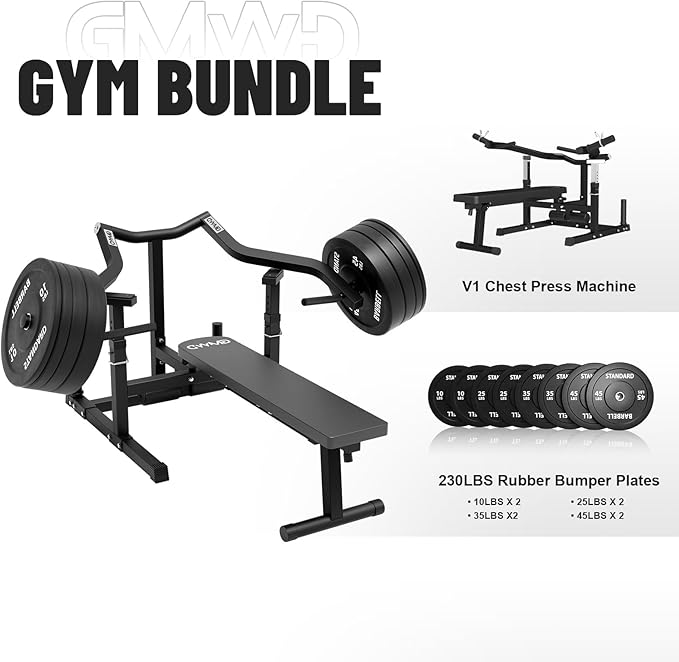 GMWD Chest Press Machine, 1050LBS Bench Press Machine with Independent Converging Arms, Adjustable Flat Incline Bench for Chest, AB Workouts, Shoulder Home Gym Equipment, V1