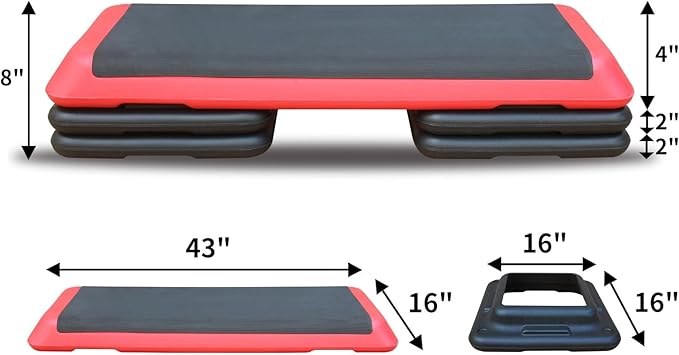 43'' Exercise Aerobic Step Platform, Adjustable Fitness Stepper with 4 Stackable Risers, Aerobics Stepper Workout Stepper for Home Gym Cardio Strength & Training