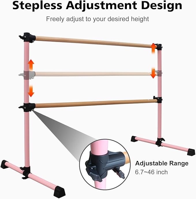 4FT/6FT Freestanding Ballet Barre Wood/Steel Height Adjustable from 7 to 46 inch Ballet Bar Portable Double Dance Bar for Home Workout and Stretch