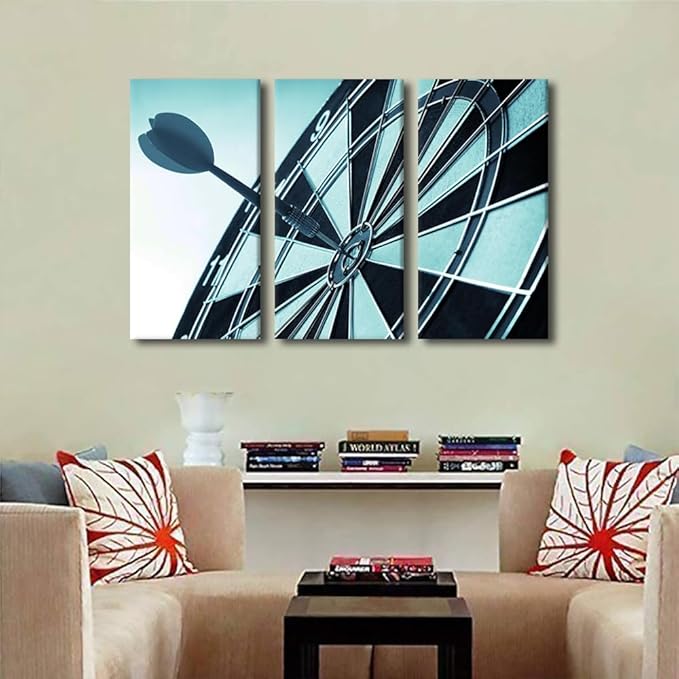 Dart Board Pictures Wall Art 3 Piece Dart Hits the Bullseye Rustic Decor Artwork Contemporary Home Decor for Living Room Bar Club Sports Theme Posters and Prints Framed Ready to Hang(24" Wx36 H)