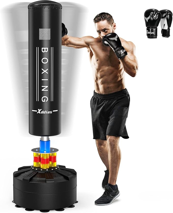 XDDIAS Punching Bag with Stand, 70'' Freestanding Punching Bag for Adult, Heavy Boxing Bag with Suction Cup Base Kickboxing Bag for MMA Muay Thai Fitness