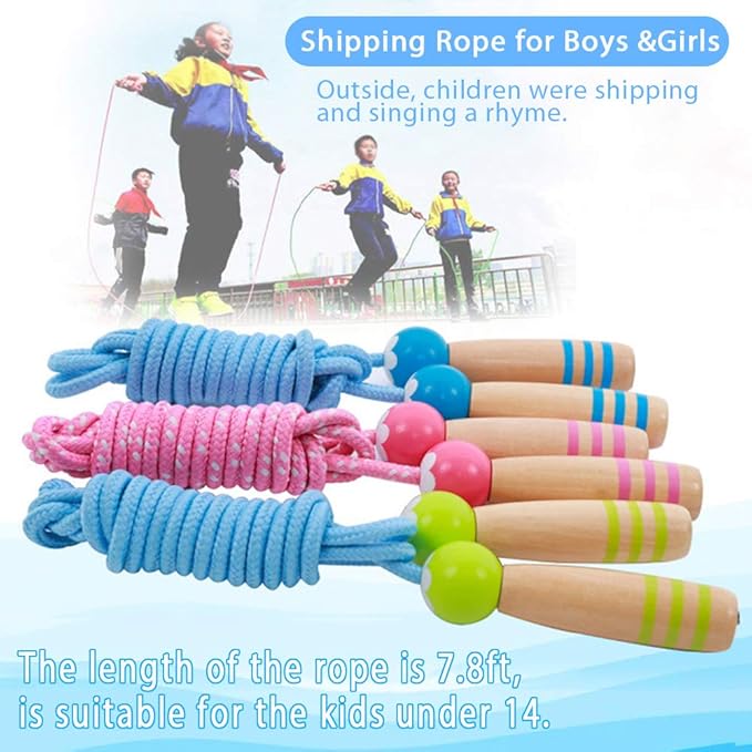 Jump Rope Kids, 7ft Adjustable Cotton Skipping Rope with Wooden Handle for Boys and Girls Fitness Outdoor Exercise