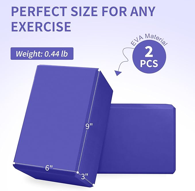 Yoga Block 2 Pack 9"x6"x3", Sturdy Yoga Foam Blocks, High Density & Non Slip Surface for Pilates & Stretching, Fitness Accessories for Stability & Balance