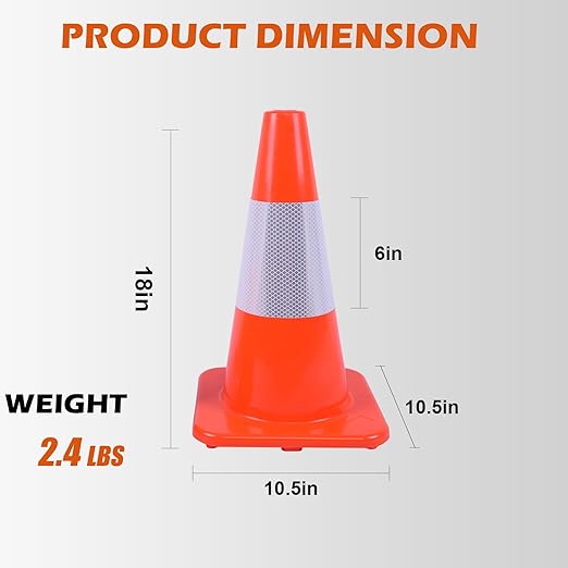 8 Pack 18" Traffic Cones – Orange Safety Cones with 6" Reflective Collars – Durable PVC Road Cones for Parking, Construction, Driveway & Training Use