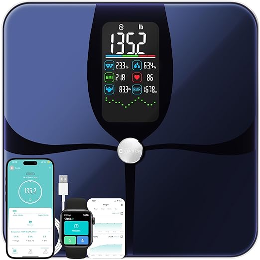 Lepulse Smart Weight Scale with BMI Body Fat Muscle Mass, 4.68" Large Display with Trend, High Accurate 22 Composition Scale with Heart Rate, Bathroom Scale with App, Black