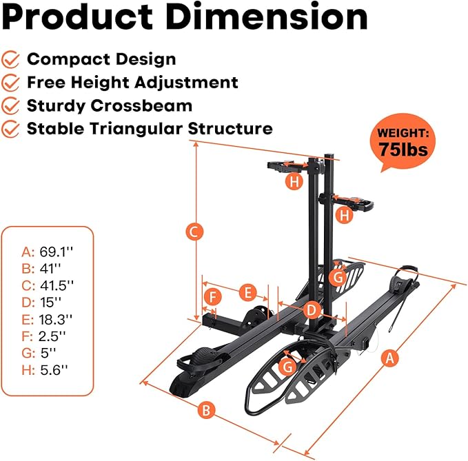 EBike Rack with Ramp, 200 lbs Capacity Heavy Bike Rack Electric Bike Carrier for 2 E-Bike, Foldable Bike Racks for Tow Hitch Up to 5-inch Fat Tire 2'' Receiver