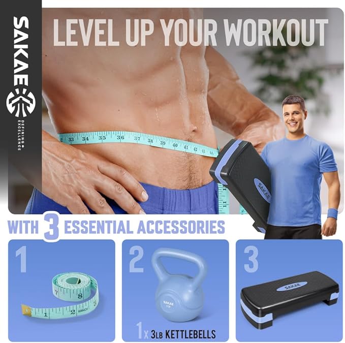 Adjustable Height Aerobic Stepper Set, Multiple Bundle Options with Dumbbells, Kettlebell, Waist Trimmer, Ankle Weights or Weighted Vest, Workout Exercise Step Platform w/Level Risers, 4 Colors