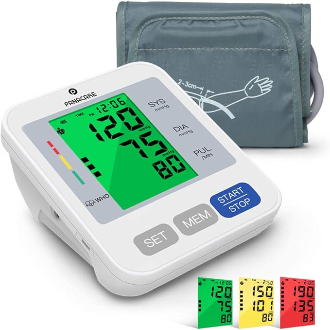 Blood Pressure Monitor Upper Arm Blood Pressure Machine for Home Use BP Cuff Kit, Large 3-Color 3.4'' Display with Backlight,Pulse Rate Detection Meter with Cuff 22-42cm/2×99 Sets Memory