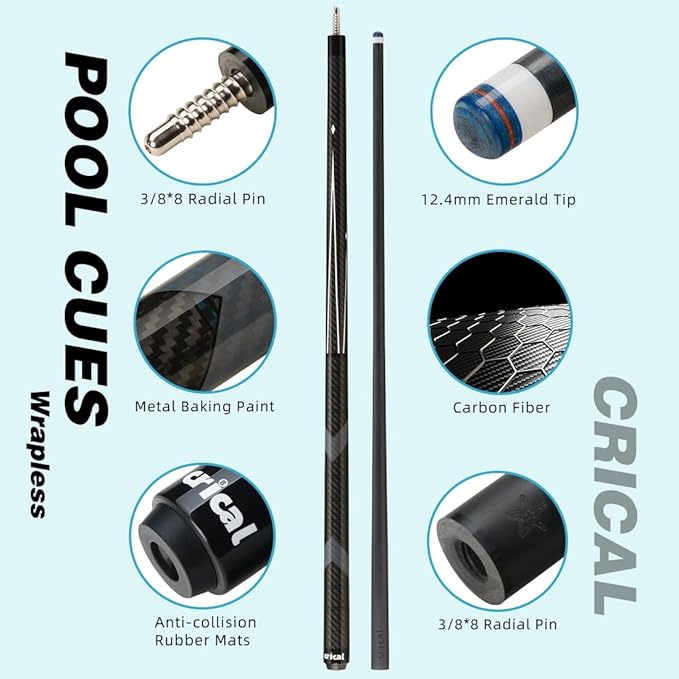 CRICAL Carbon Fiber Pool Cue Stick 58" Billiard Cue Sticks Professional Low Deflection Pool Sticks with 3/8 * 8 Pin Joint and 12.5mm Tip