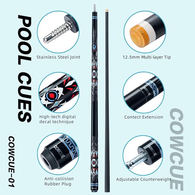 CRICAL Carbon Fiber Pool Cue COWCUE Series Low Deflection Billiards Cue Stick 58" Professional Pool Table Sticks for Adults -12.5mm Tip, Weight 19OZ (Adjustable), 3/8 * 8 Joint