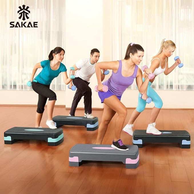 Adjustable Height Aerobic Stepper Set, Multiple Bundle Options with Dumbbells, Kettlebell, Waist Trimmer, Ankle Weights or Weighted Vest, Workout Exercise Step Platform w/Level Risers, 4 Colors