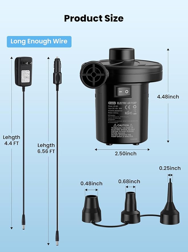 Dr.meter Air Mattress Pump, 3 Ways Powered Portable Electric Air Pump with 3-Nozzle AC 110V, DC 12V, Battery Operated Quick-Fill Inflator Deflator for Inflatable Pool Float Air Bed Boat Swimming Ring