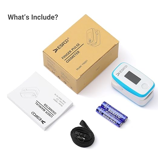 ESPOO Pulse Oximeter with 20 Memory, Oxygen Monitor Fingertip 4 Color TFT Display(SPO2), Alarm & Brightness Adjustable, Batteries & Lanyard Include(White&Blue)