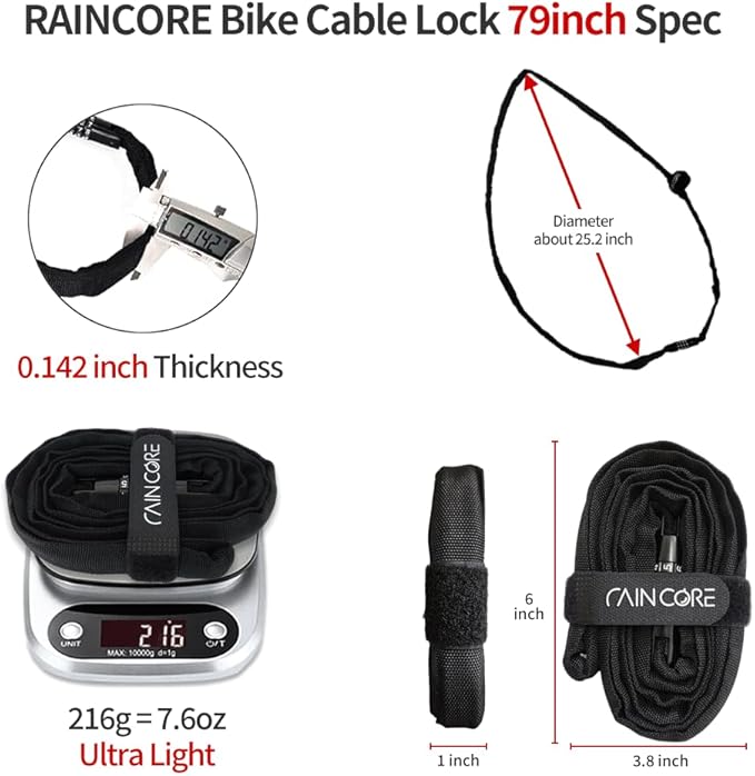 RAINCORE Light Weight Bike Cable Lock for Heavy Duti Anti Theft - 79 inch (200cm) - 0.47lb (216g) - Bike Chain Lock with Chain Cutter Proof Fiber - Patented Korea - Security Cable (79 inches)