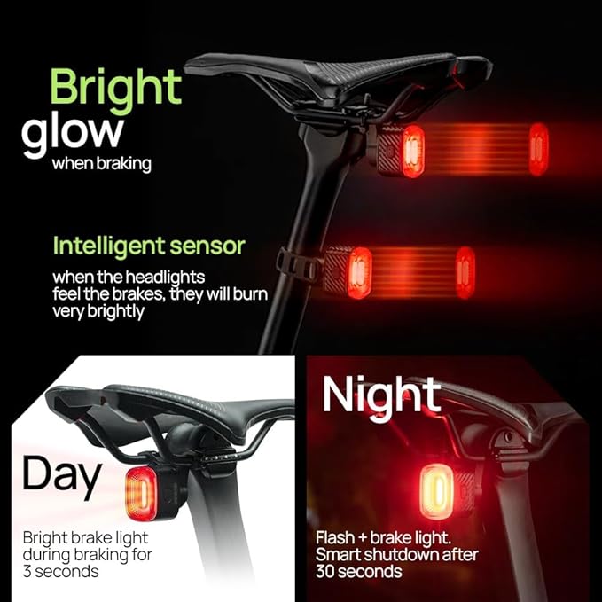 Bike Lights Kit Front and Back, USB C Rechargeable with Auto Brake Sensing, Waterproof Bicycle Headlight & Tail Light Set for Night Riding, Long Battery Life for Cycling Safety
