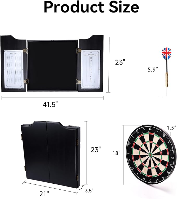 GSE Games & Sports Expert Professional Solid Wood Classic Dartboard Cabinet with Sisal/Bristle Dartboard, Scoreboard, and 6 Steel Tip Darts, Easy Assembly Complete with All Accessories (Black)