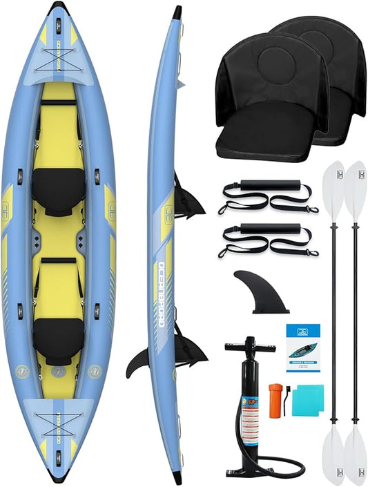 OCEANBROAD Inflatable Sit-in Kayak, 1 Person/2 Person Blow Up Kayak for Adults with Paddle, Kayak Seat, Pedal, Hand Pump and Bag, Blue/Sky Blue