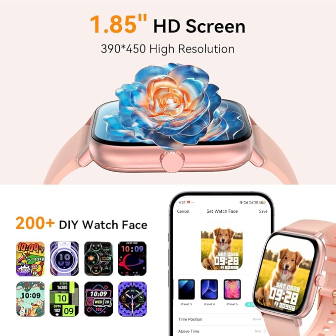 Bebinca Smart Watch for Women, 1.85" HD Fitness Tracker Compatible with iPhone & Android, 130+ Sports Modes, Heart Rate & Sleep Monitor, IP68 Waterproof Smartwatch (Pink)