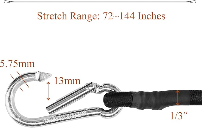 ZHOUBIN 72 Inch Black Bungee Cords with Carabiner Hooks, 4Pcs
