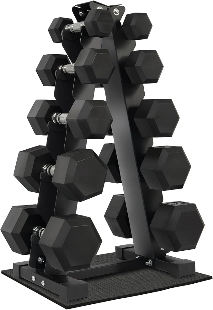 Rubber Coated Hex Dumbbell Weight Sets and Storage Rack, 100LBS Set or 150LBS Set, 5-20 lbs Pairs or 5-25 lbs Pairs