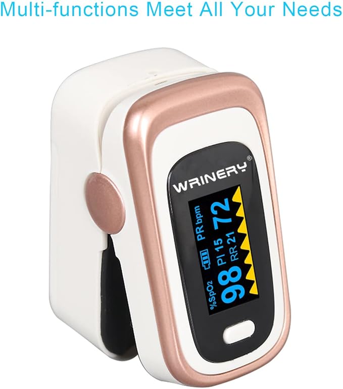 WRINERY Oxygen Saturation Monitor, Pulse Oximeter Fingertip, Oxygen Monitor, O2 Saturation Monitor, OLED Portable Oximetry with Batteries, Lanyard (Rose gold-White)