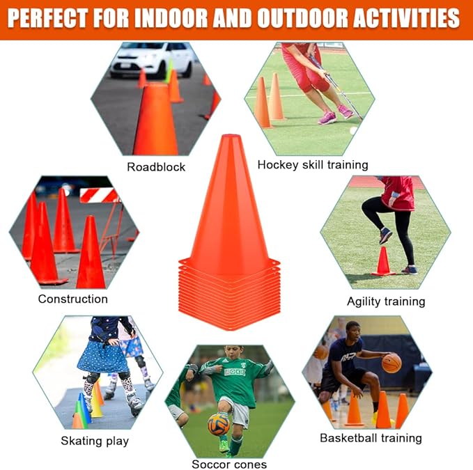 9 Inch Cones Sports, 15 Pack Orange Soccer Cones Training Agility Field Marker Plastic Traffic Cones for Football Basketball Drills Multipurpose Practice, Indoor Outdoor Games Activity Party Events