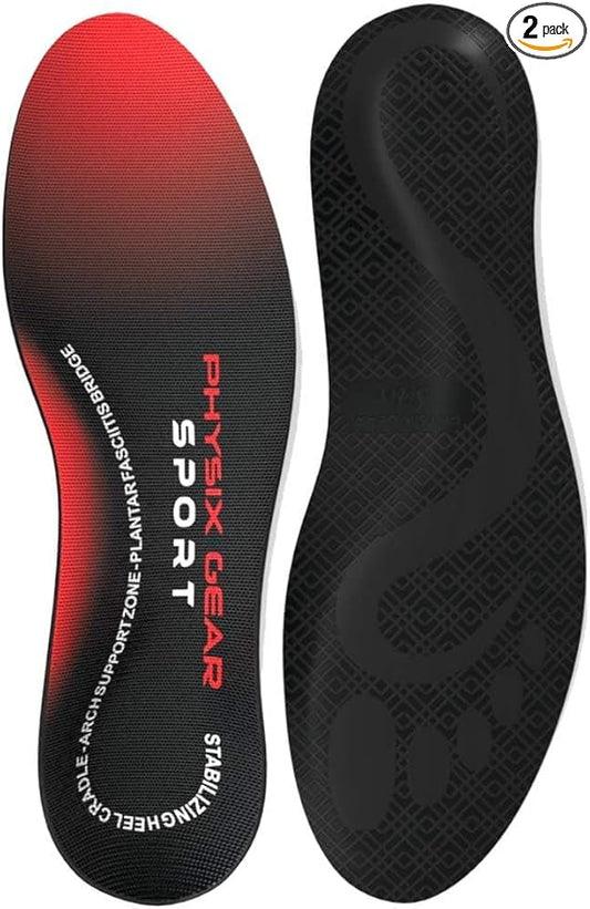 Physix Gear Orthotic Insoles for Men & Women - Arch Support Orthotics Insole, Orthopedic Insoles, Inserts for Men & Women, Foot Insoles for Plantar Fasciitis Comfort, Shoe Insert, Feet, Red/Black, M