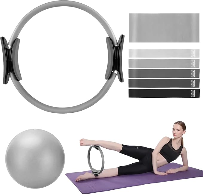 TOPZGLEEY Pilates Ring Set – 14" Anti-Deformation Magic Circle with Padded Handles, Mini Ball, 5 Resistance Bands, Guide, Pilates Equipment for Home Workout