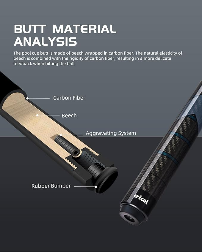 CRICAL Carbon Fiber Pool Cue Stick 58" Billiard Cue Sticks Professional Low Deflection Pool Sticks with 3/8 * 8 Pin Joint and 12.5mm Tip