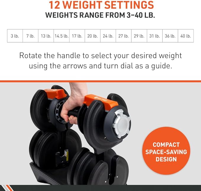 BodySport 40 Pound Adjustable Dumbbells – Includes 12 Free Weights, Ranging from 3 to 40 Pounds, Ideal for Home Gym Workouts and Weight Training