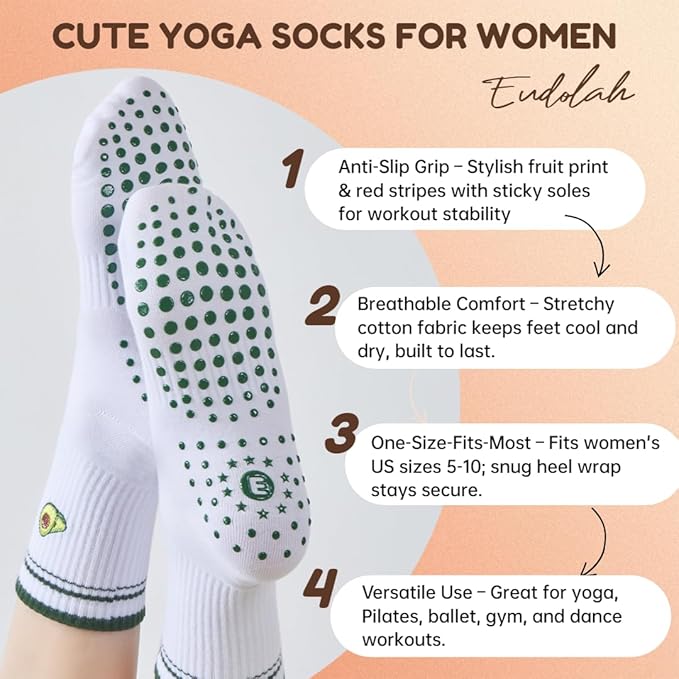 EUDOLAH Cute Yoga Socks for Women Pilates Barre Breathable Non-Slip Crew Grip Sock With Stripes Anti-friction Athletic Socks