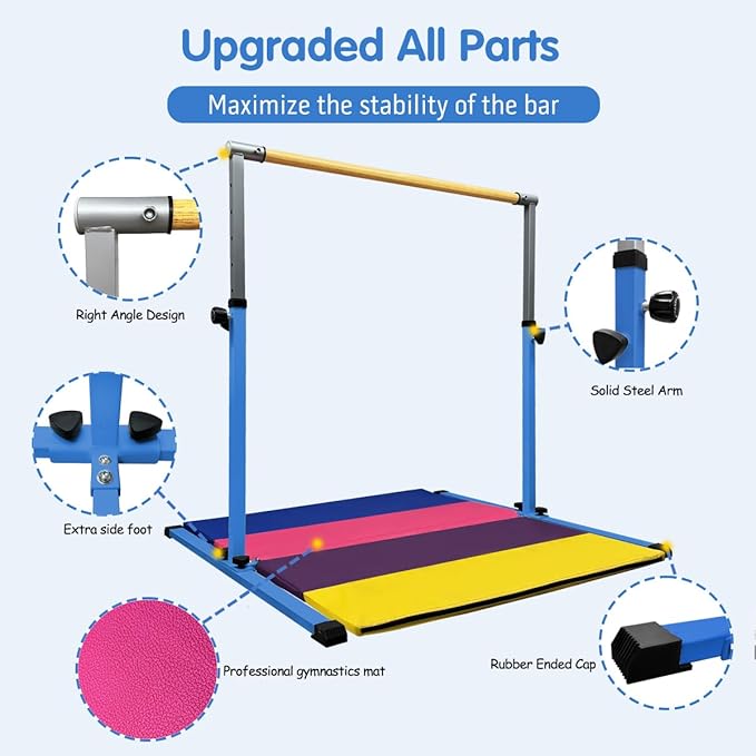 XDEMODA The Latest Model Gymnastics Bar for Kids Ages 3-15 for Home, Anti-Slip, Easy to Assemble, 35” to 55” Adjustable Height Gymnastic Horizontal Bars Equipment