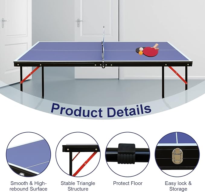 4FT/6FT/8FT/9FT Folding Rolling Table Tennis Table Regulation Ping Pong Table with 2 Paddles 3 Balls 1 Net and Post Set Fold-Up Design 4 Wheels for Easy Movement