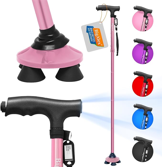 BigAlex Folding Walking Cane with LED Light,Pivoting Quad Base,Adjustable Walking Stick with Carrying Bag for Men/Women