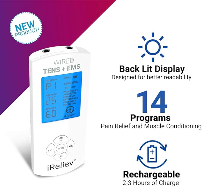 FDA Cleared iReliev TENS Unit + EMS 14 Therapy Modes, Premium Pain Relief and Recovery System, Rechargeable, Large Back Lit Display, 12 Electrodes & Case