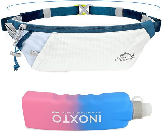 INOXTO Slim Running Belt Fanny Pack for Women and Men Sports Waist Bag Pack with 300ml Water Bottle for Running Walking Cycling Hiking Reflective Running Pouch Belt for All Phones (White Blue)
