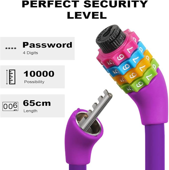 Bike Lock, 25 inch Bike Lock Cable, Portable Anti Theft 4 Digits Codes Cable Locks, Resettable Combinations Coiling Bicycle Lock for Bike, Motorbike, Scooter, Skateboard, Gate, Fence (Purple)