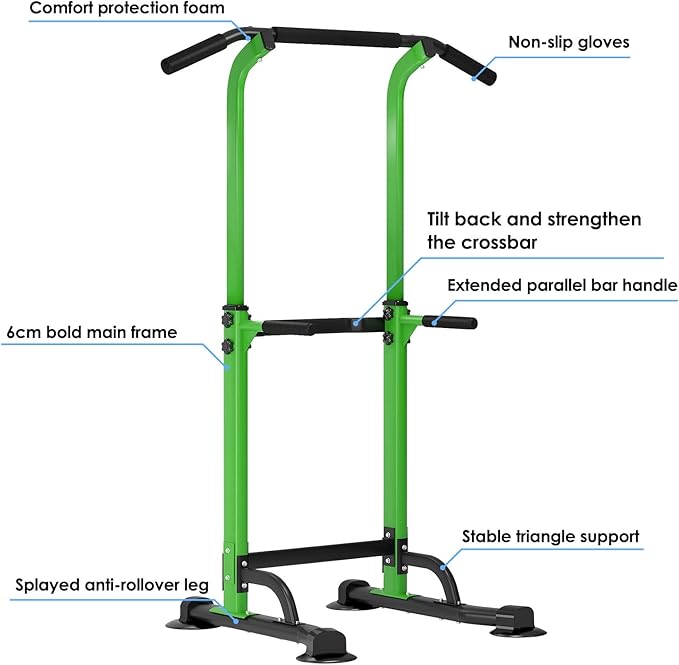 Dland Power Tower Pull Up Bar Dip Station and Height Adjustable Dip Bar Stand, Multi-Function Home Gym Exercise Equipment Strength Training Fitness Workout Station