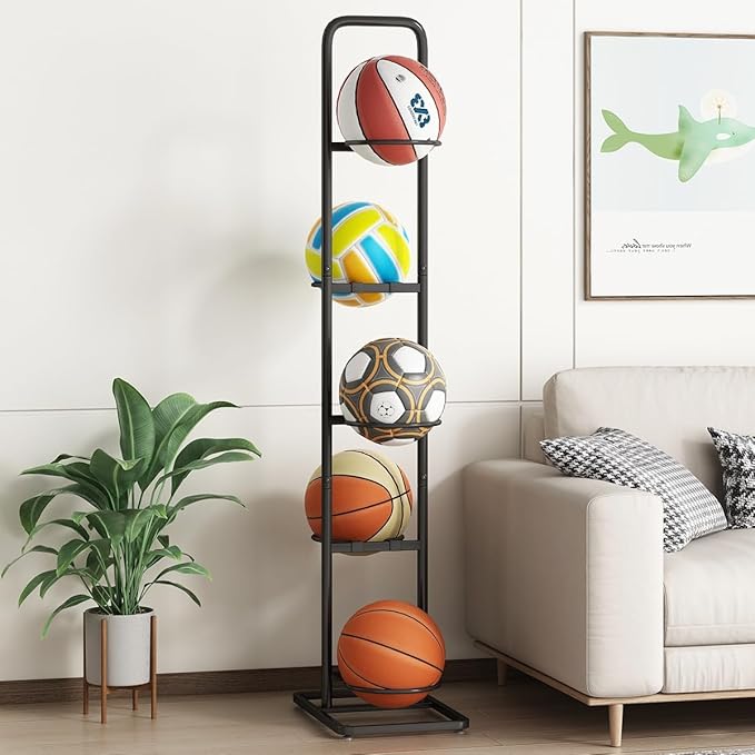Vertical Ball Rack -basketball rack- Durable Carbon Steel Storage for Basketball, Soccer, Volleyball, and More - Easy to Assemble, Waterproof, Sturdy - 56.7" H