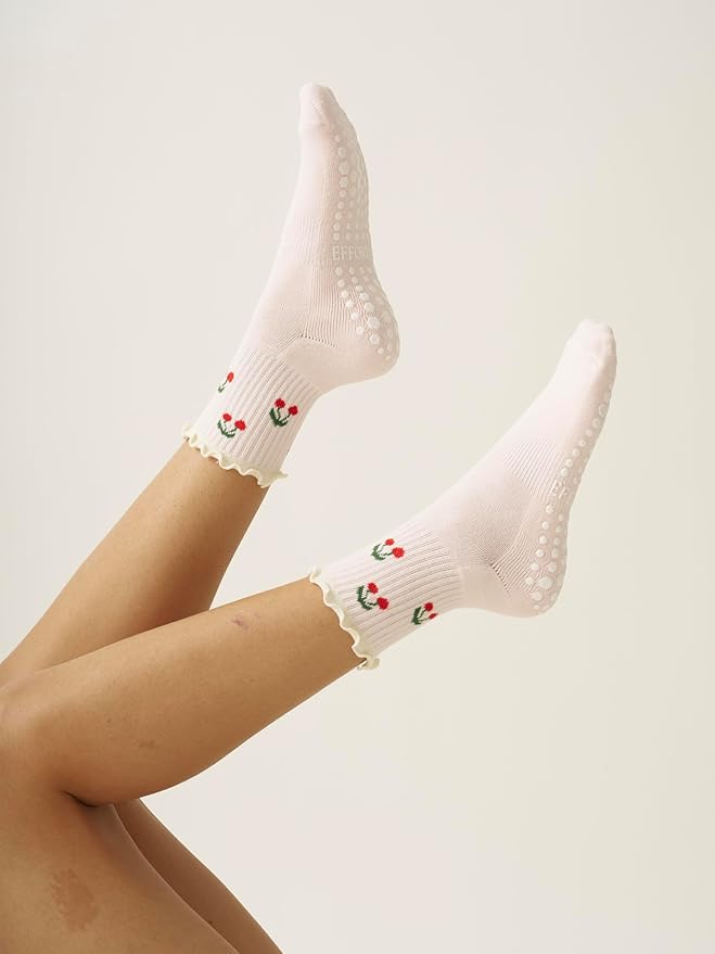 Crew Half Calf Grip Socks, Cutest Fruits Pilates Socks, Ruffle socks, Non-Slip, Barre Yoga Fitness