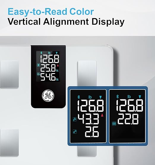 GE Smart Scale for Body Weight BMI Fat Muscle Mass with All-in-one LCD Display, Digital Bathroom Weight Scale Bluetooth Body Composition Monitor with App, Accurate Weighing 400lb White