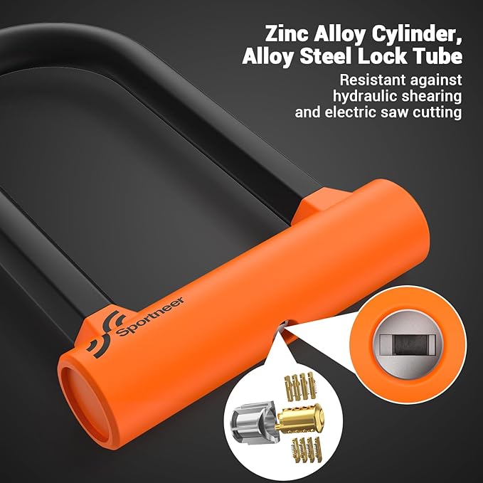 Sportneer Bike U Lock - Heavy Duty Anti Theft Bike Lock with 5ft Security Steel Cable - 17mm Shackle Bicycle U-Locks with Keys & Sturdy Mounting Bracket for Road, Mountain, Electric Bike - Orange