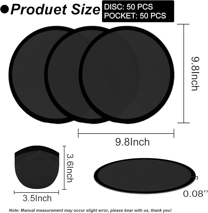 50PCS Foldable Flying Disc Fans with Bags, 9.8'' DIY Handheld Black Egde Fabric Folding Fan for Outdoor Game Activities Birthday Party Favors End of Year Student Gifts, Black