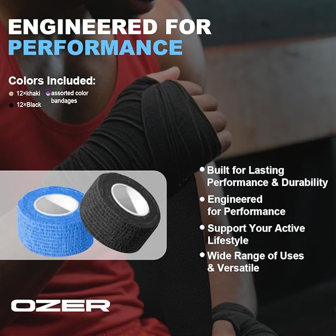 OZER 12 Pack 1 Inch x 5 Yards Self Adhesive Bandage Breathable Cohesive Bandage Wrap Rolls Elastic Self-Adherent Tape for Stretch Athletic, Sports, Wrist, Ankle (1 lnch Tan, 1lnch)