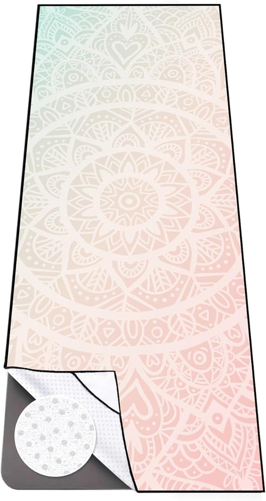 Colorful Star Large Yoga Towel with Corner Pockets, Non Slip Grip Dots Sweat Absorbent Hot Yoga Mat Towels, Yoga Blankets with Travel Bag, Mat Cover for Workout, Gym, Fitness - 74"x26", Pink Mandala