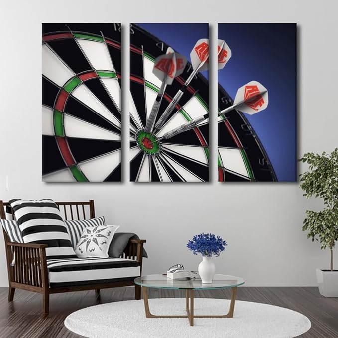 3 Pieces Modern Canvas Painting Wall Art Dart Hits the Bullseye Picture Sports Theme Paintings on Canvas Print Wall Art for Home Wall Decoration Framed Gallery Wrapped Ready to Hang(40" Wx60 H)