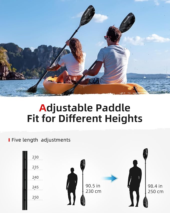 Abahub Adjustable Kayak Paddle 210-230 cm/ 230-250 cm Floating Kayaking Oars Boating Oars Canoeing Oars Black