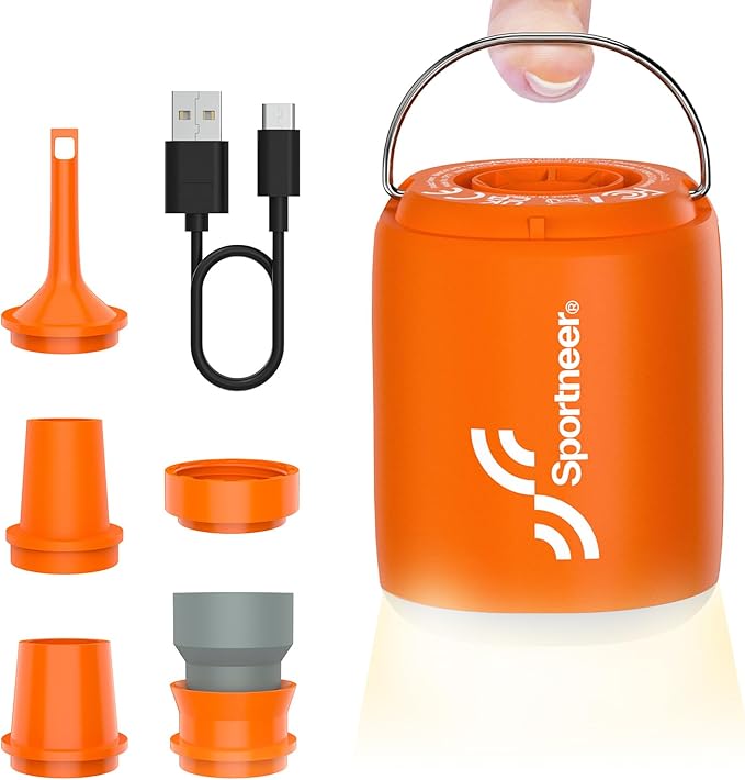 Sportneer Mini Air Pump: 1600mAh Rechargeable Air Pump for Inflatables with Hook, Magnetic and Light Function, Air Mattress Pump for Pool Floats, Sleeping Pads, Swimming Ring, Vacuum Storage Bags
